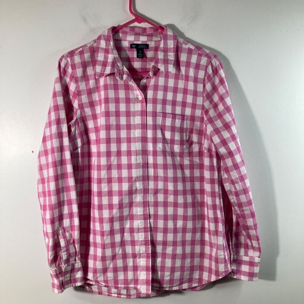 Womens Gap Boyfriend Fit Gingham Button Shirt Pink White M Cotton‎ Long Sleeve